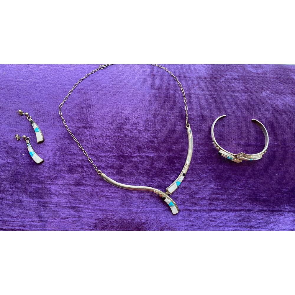 vintage Navajo necklace earring and bracelet sterling native opal turquoise - Picture 2 of 9